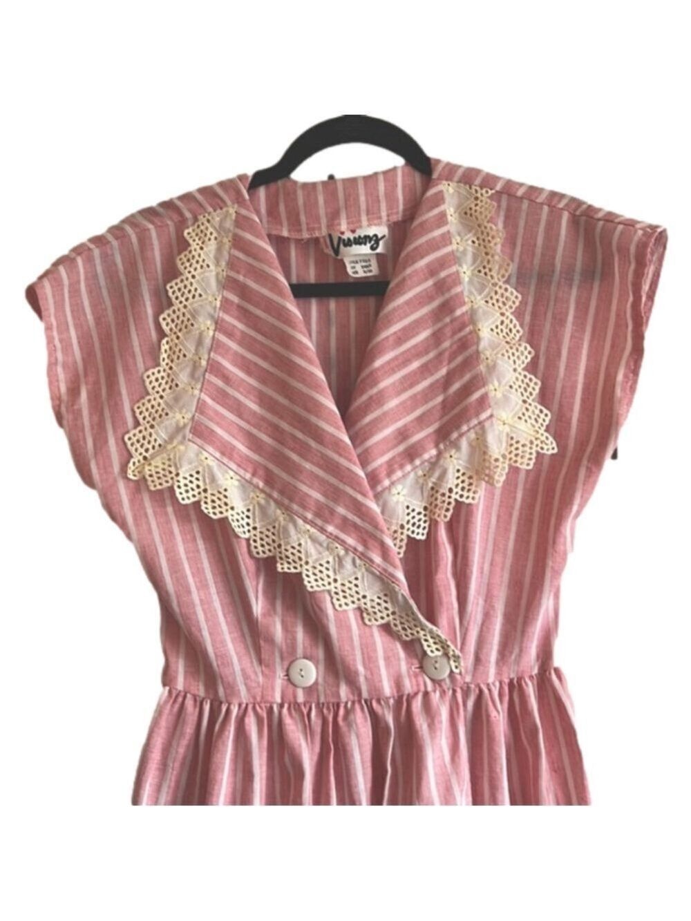 VINTAGE Red & White Stripe Midi Wrap Dress with Lace Collar Summer Dress Made US - Picture 4 of 8